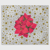 Rode kerstbloemgouden sterren op abstract zilver cadeaupapier (Vlak)