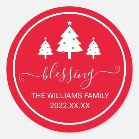 Rode kerstbomen Familienaam Ronde Sticker (Voorkant)