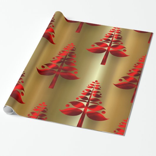 Rode kerstbomen op goud cadeaupapier (Uitgerold)