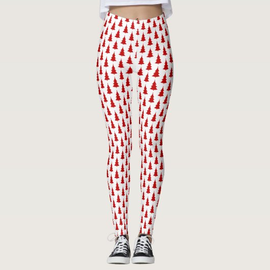 Rode kerstbomen op witte achtergrond patroon leggings (Voorkant)