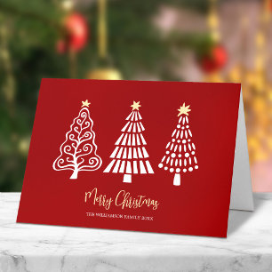 Rode Kerstbomen Script Naam Whimsical Feestdagen Kaart