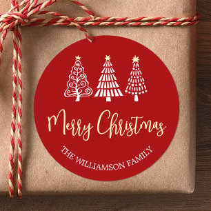 Rode Kerstbomen Script Naam Whimsical Ronde Sticker