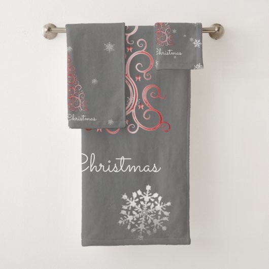 Rode kerstboom en Snowflakes handdoekset Bad Handdoek (Insitu)