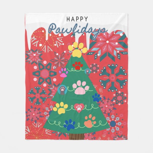 Rode kerstboom met poten ornamenten fleece deken (Voorkant)