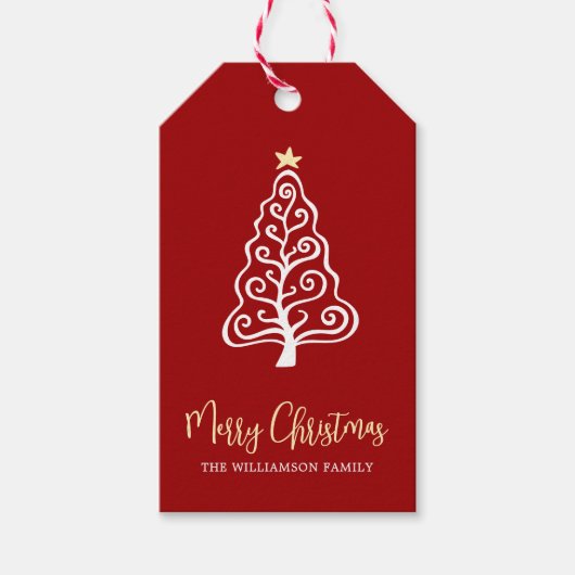 Rode Kerstboom Script Naam Whimsical Cadeaulabel (Voorkant)