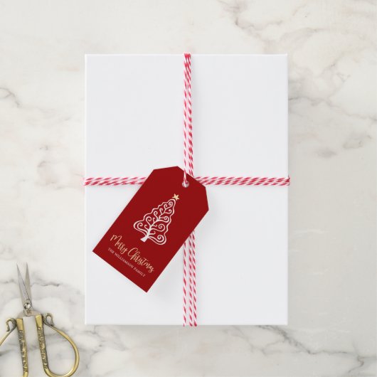 Rode Kerstboom Script Naam Whimsical Cadeaulabel (Met Touw)