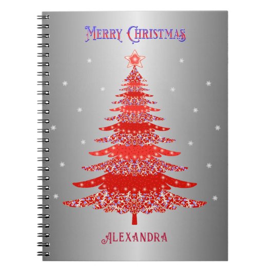 Rode Kerstboom Sneeuwvlokken Aangepaste Naam Zilve Notitieboek (Voorkant)