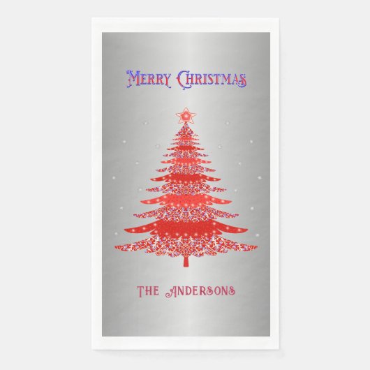 Rode Kerstboom Sneeuwvlokken Aangepaste Naam Zilve Servet (Voorkant)