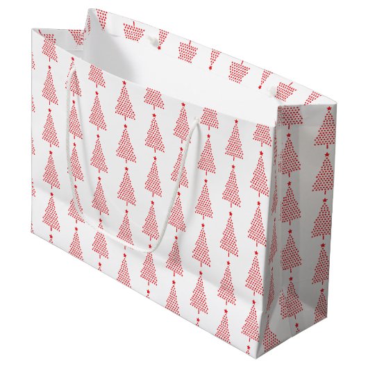 Rode kerstboom sterren patroon op wit groot cadeauzakje (Voorkant Gekanteld)