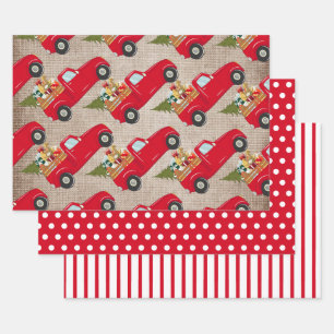 Rode Kerstboom Truck Jute Stippen Strepen Inpakpapier Vel