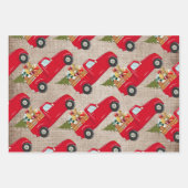 Rode kerstboom, vrachtwagen Burlap Polka Dots Stri Inpakpapier Vel (Voorkant)