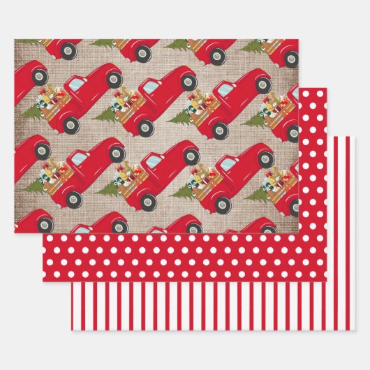 Rode kerstboom, vrachtwagen Burlap Polka Dots Stri Inpakpapier Vel (Set)