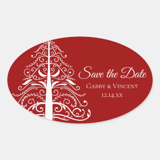 Rode kerstboom Winter Weddenschap Save the Date Ovale Sticker (Voorkant)