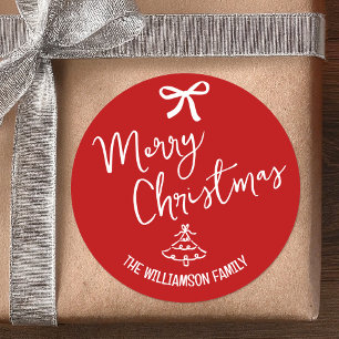 Rode Kerstboom Witte Handgetekende Doodleletters Ronde Sticker
