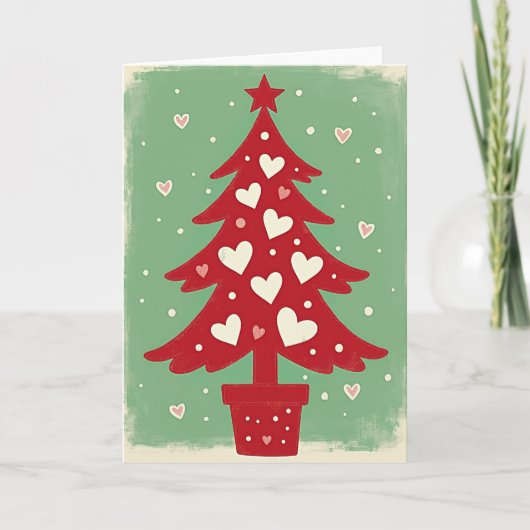 Rode Kerstboom Witte Hartjes Kaart (Voorkant)