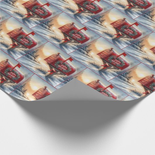 Rode kerstbrievenbus in de sneeuw cadeaupapier (Hoek)