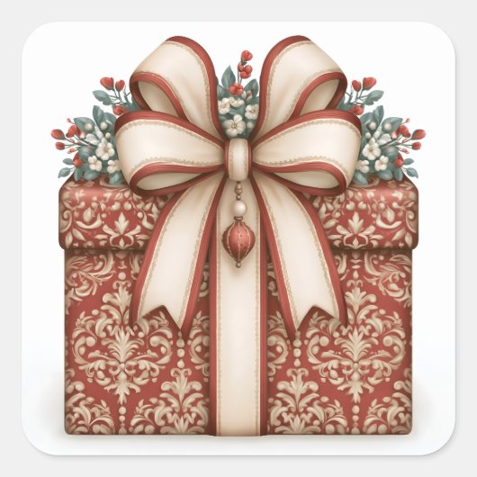Rode Kerstcadeau Vierkante Sticker (Voorkant)