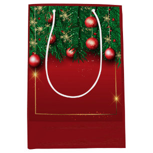 Rode Kerstcadeautas met Dennentakken Medium Cadeauzakje