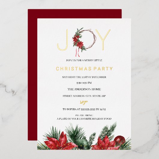 Rode kerstfeest Joy Foliage Wreate Folie Uitnodiging (Voorkant / Achterkant)