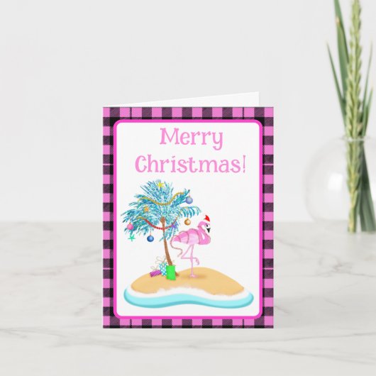 Rode Kerstflamingo en glitterpalmboom Feestdagen Kaart (Voorkant)