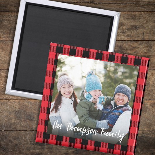 Rode Kerstfoto Buffalo Check Custom Magneet