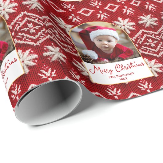Rode Kerstfoto Elegante Feestelijke Vakantie Cadeaupapier (Rol Hoek)