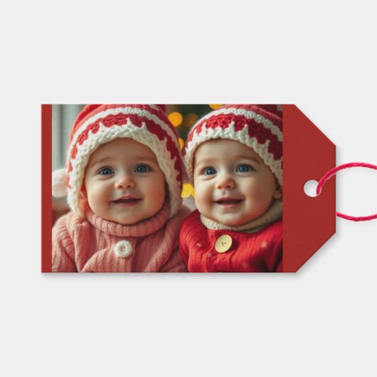 Rode Kerstfoto Voeg aangepaste tekst Gift Label Cadeaulabel (Voorkant (Horizontaal))