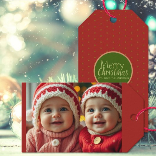 Rode Kerstfoto Voeg aangepaste tekst Gift Label Cadeaulabel