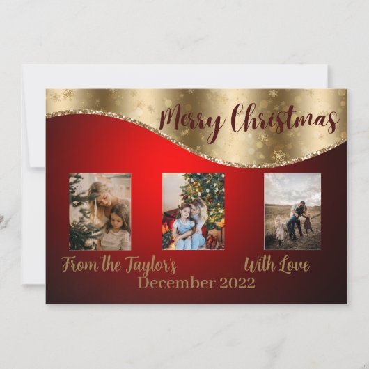 Rode kerstfotokaart met Gold Glittery Border Feestdagenkaart (Voorkant)