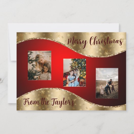 Rode kerstfotokaart met Gold Glittery Border Feestdagenkaart (Voorkant)