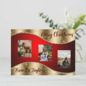 Rode kerstfotokaart met Gold Glittery Border Feestdagenkaart (Staand voorkant)