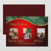 Rode kerstfotokaart met groene en gouden rand feestdagenkaart (Voorkant / Achterkant)