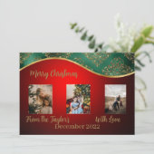 Rode kerstfotokaart met groene en gouden rand feestdagenkaart (Staand voorkant)