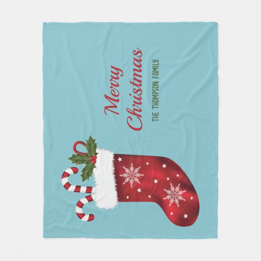 Rode kerstinslag op blauw met aangepaste tekst fleece deken (Voorkant)
