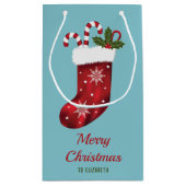 Rode kerstinslag op blauw met aangepaste tekst klein cadeauzakje (Achterkant)