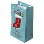 Rode kerstinslag op blauw met aangepaste tekst klein cadeauzakje (Achterkant Gekanteld)