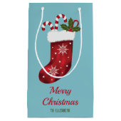 Rode kerstinslag op blauw met aangepaste tekst klein cadeauzakje (Voorkant)