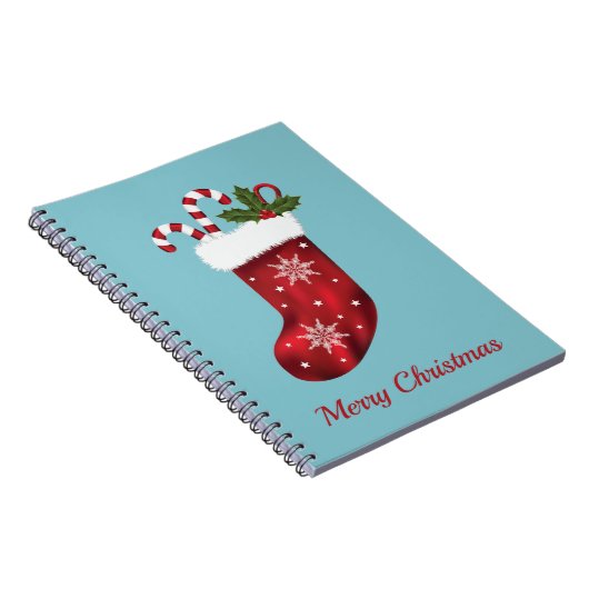 Rode kerstinslag op blauw met aangepaste tekst notitieboek (Rechterzijde)