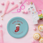 Rode kerstinslag op blauw met aangepaste tekst papieren bordje (Feest)