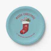 Rode kerstinslag op blauw met aangepaste tekst papieren bordje (Voorkant)