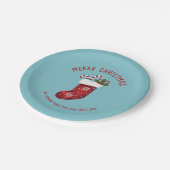 Rode kerstinslag op blauw met aangepaste tekst papieren bordje (Gekanteld)