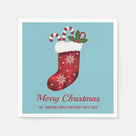Rode kerstinslag op blauw met aangepaste tekst servet (Voorkant)