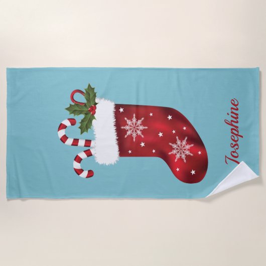 Rode kerstinslag op blauw met aangepaste tekst strandlaken (Voorkant)