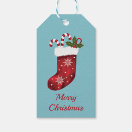 Rode kerstinslag op blauw - prettige kerst cadeaulabel