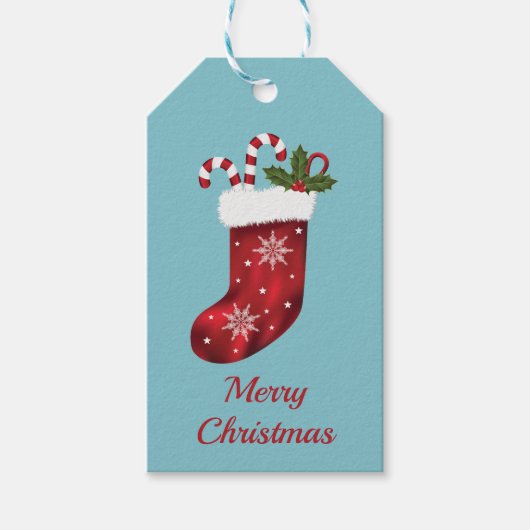 Rode kerstinslag op blauw - prettige kerst cadeaulabel (Voorkant)