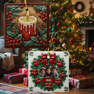 Rode Kerstkaars Aanpasbaar Vierkant Keramisch Ornament