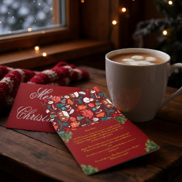Rode kerstkaart van de familie met brief bedankkaart
