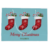 Rode kerstkaarten op blauw met aangepaste tekst groot cadeauzakje (Achterkant)