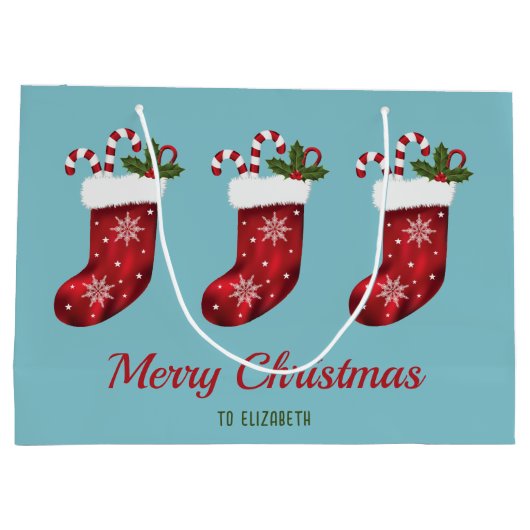 Rode kerstkaarten op blauw met aangepaste tekst groot cadeauzakje (Achterkant)