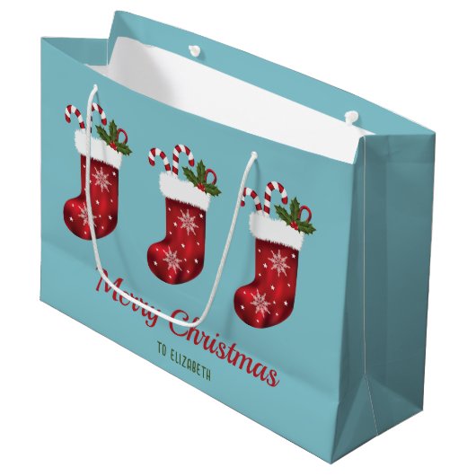 Rode kerstkaarten op blauw met aangepaste tekst groot cadeauzakje (Voorkant Gekanteld)